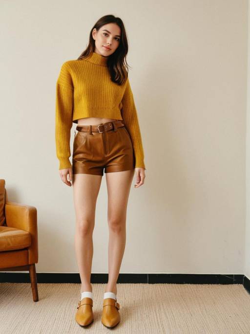 Woman in Mustard Crop Sweater and Leather Shorts