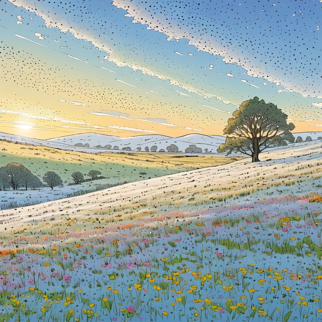 Sunny Moor with Wildflowers in Stippling