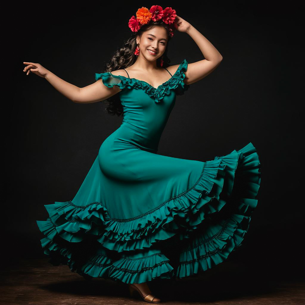 Joyful Teen in Colorful Flamenco Dress