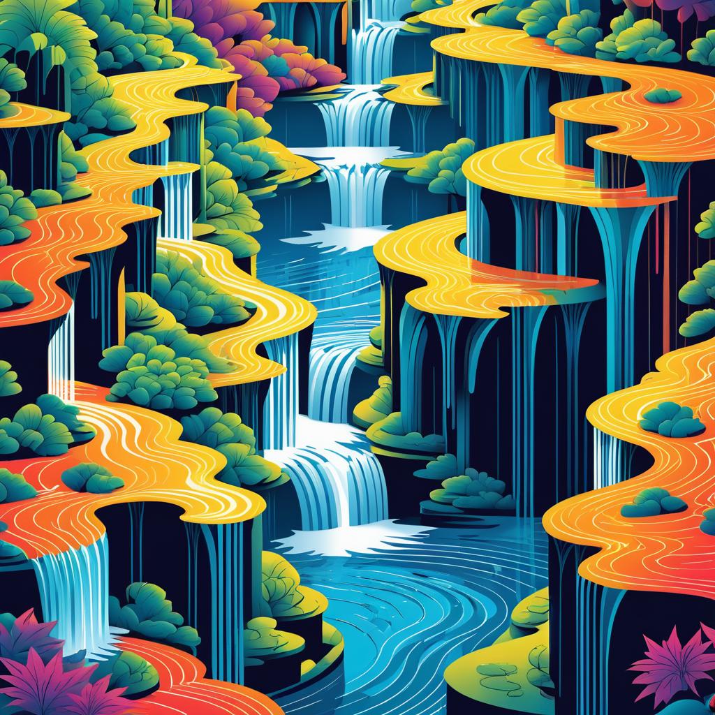 Vibrant Escher-Inspired Waterfall Illustrations