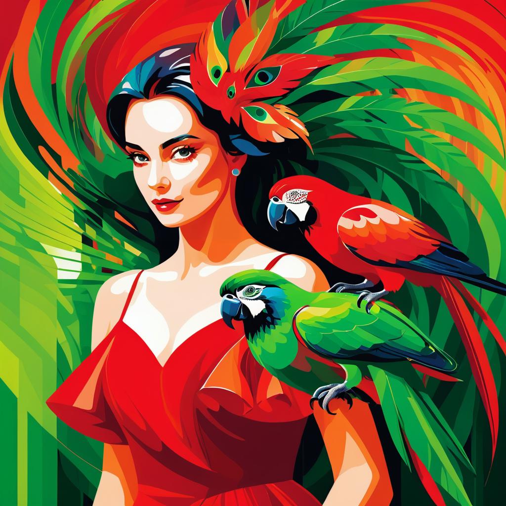 Surreal Woman in Red with Parrot