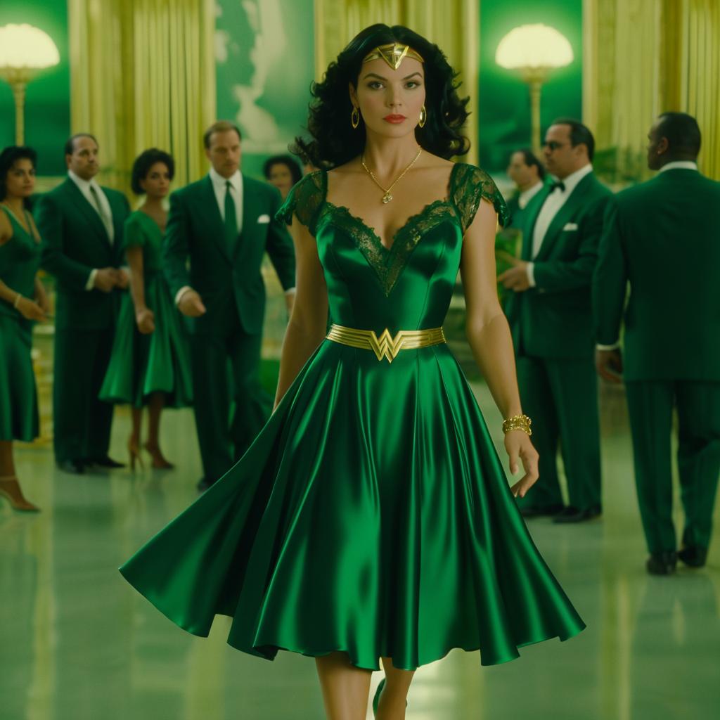 1990s Wonder Woman in Emerald Satin Dress