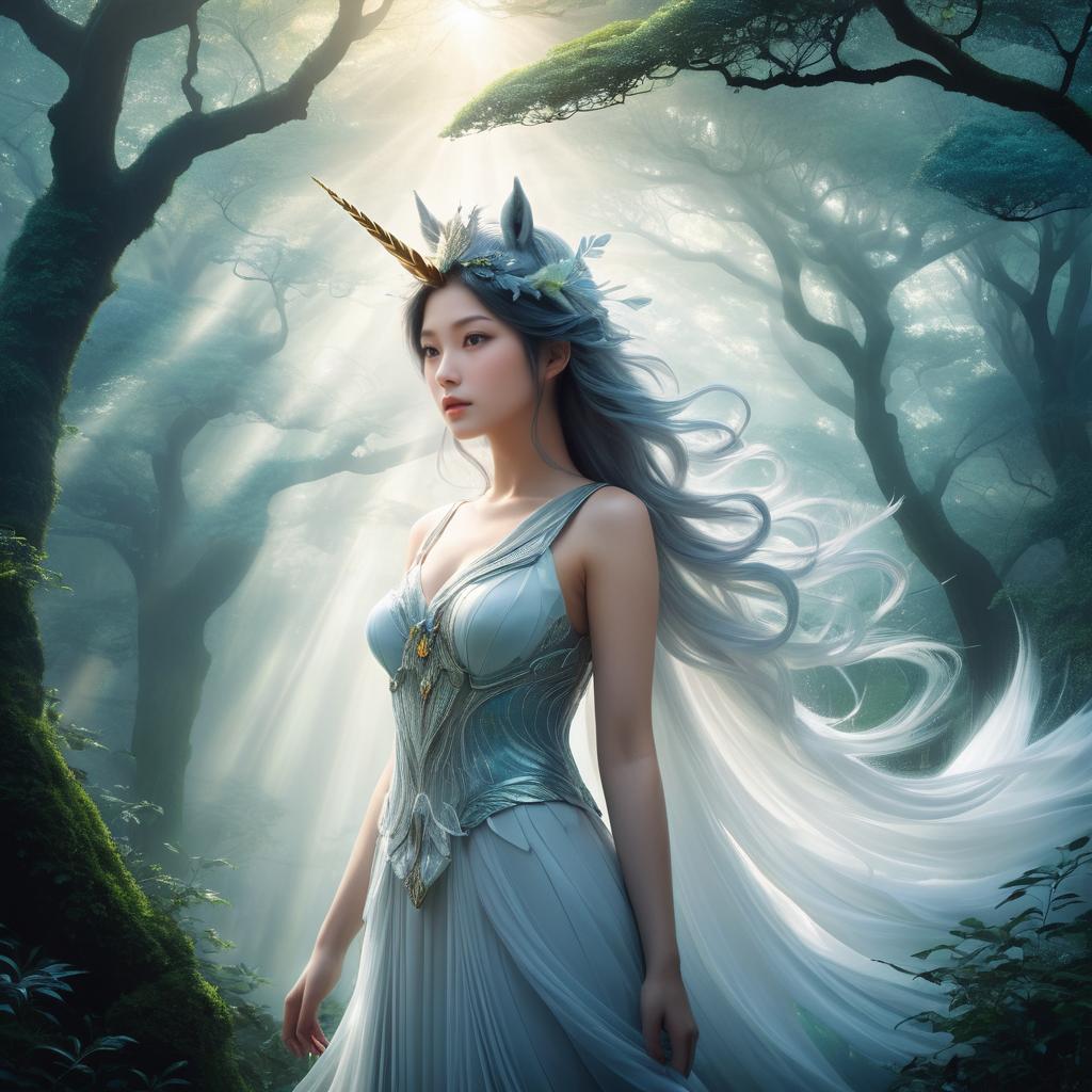 Surreal Unicorn Goddess in Ethereal Forest