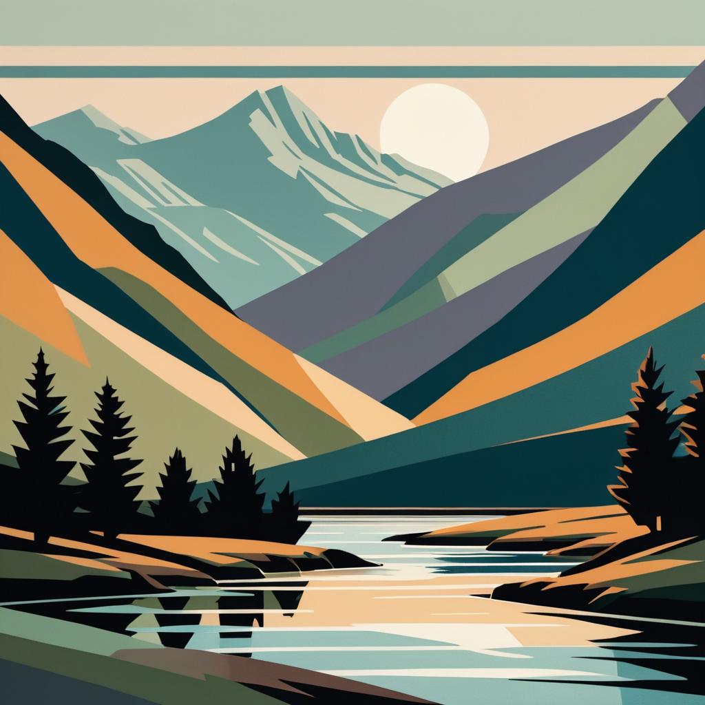 Modernist Linocut of Serene Mountains