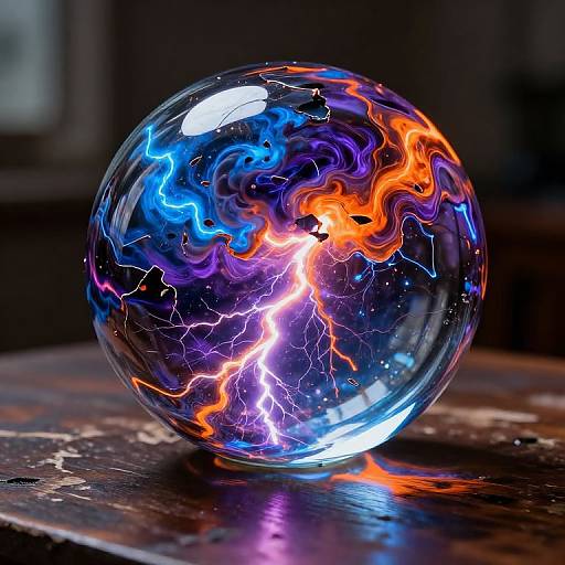 Photograph of a glass sphere with vibrant, swirling blue, orange, and purple neon-like patterns, illuminated by a bright purple lightning bolt, resting on