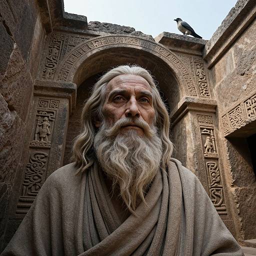 Photograph of an elderly, long-bearded man with gray hair, wearing a brown robe, standing in an ancient, carved stone archway with intricate