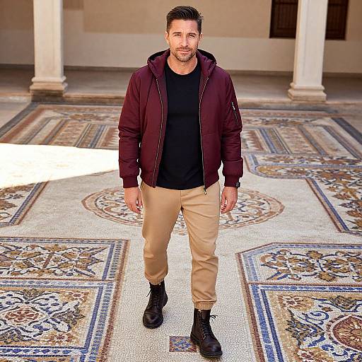 Photograph of a bearded man with short dark hair, wearing a maroon jacket, black shirt, beige pants, and black boots, standing on