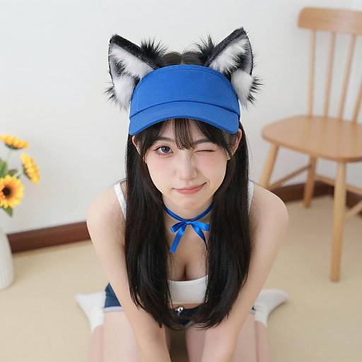 Playful Nude Asian Woman with Cat Ears