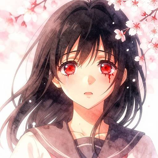 Anime-style digital illustration of a young girl with black hair, red eyes, and a sailor school uniform, surrounded by cherry blossoms.