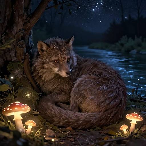 Digital artwork of a wet, brown-furred wolf curled by glowing mushrooms and a forest stream at night, with twinkling stars above.