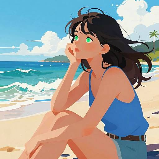 Thoughtful Woman Sitting on Beach