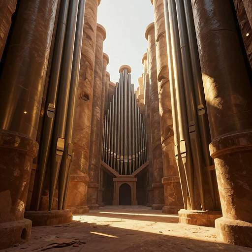 Photograph of a grand, sunlit organ chamber with towering stone columns, sunlight streaming through, highlighting the large, vertical organ pipes in the center.