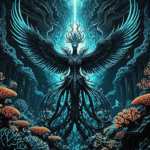Ethereal Phoenix Above Abyssal Coral Reef