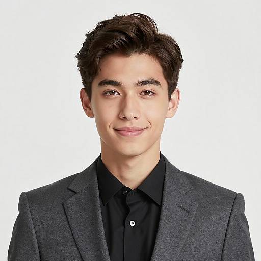 Photograph of a young man with fair skin, dark brown hair, and brown eyes, wearing a black button-up shirt and gray blazer, smiling