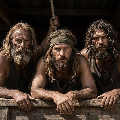 Rugged Men Leaning Over Wooden Structure