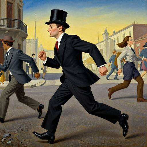 Photorealistic digital artwork: Busy city street with men and women in Victorian attire running, central male in black suit and top hat. Bright sunset sky