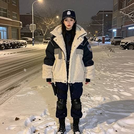 Photograph of a young woman standing in a snowy urban street at night, wearing a black and white winter jacket, black pants, black boots, and