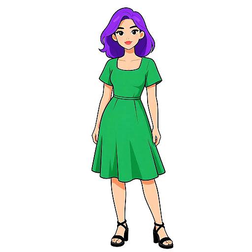 Digital drawing of a woman with purple hair, green dress, black sandals, standing against a white background, cartoon style.