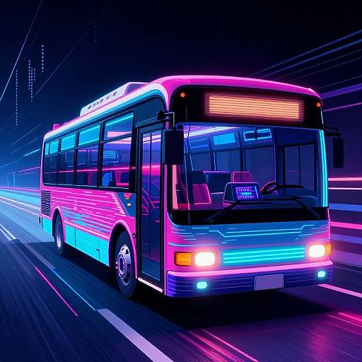 Neon-lit city bus speeding at night, vibrant pink, blue, and purple lights illuminating its sides, digital route display on front, motion
