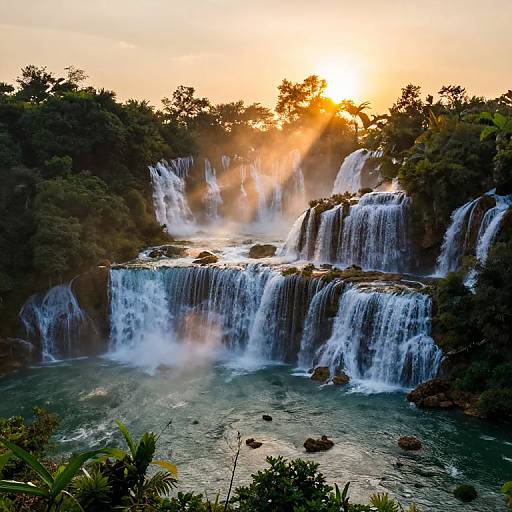 Photograph of a multi-tiered waterfall at sunset, with golden sunlight filtering through lush green trees, cascading water, and rocky formations.