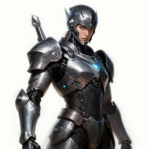 Digital illustration of a stern, armored female warrior with silver metallic armor, blue glowing chest emblem, and helmet, standing against a white background.