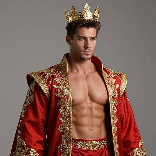 Photograph of a muscular, handsome man with fair skin wearing a gold crown, red and gold royal robe, exposing his defined abs, against a plain