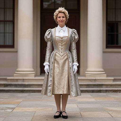 Photograph of a woman in an 18th-century-style silver dress with puffed sleeves, white gloves, black shoes, standing before a historic building
