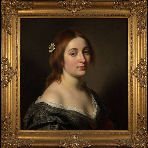 17th-century portrait of a fair-skinned woman with brown hair, wearing a dark dress with white lace, framed in an ornate gold frame.