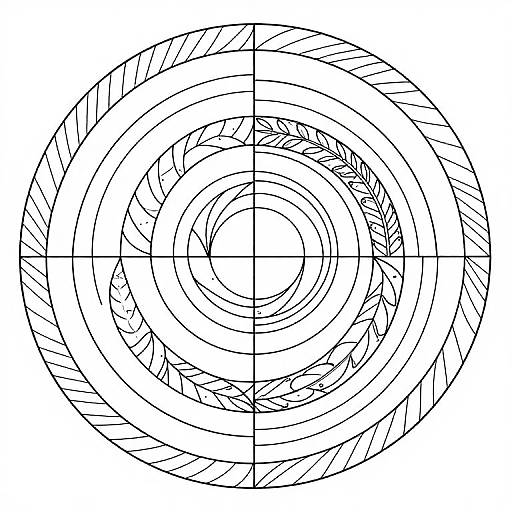 Black-and-white line drawing of a detailed, concentric circular mandala with botanical leaf patterns, intersected by a grid of lines.