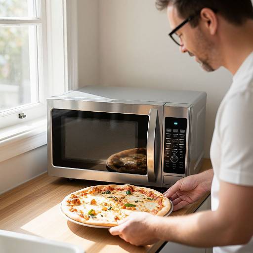 Photograph of a man with glasses and short brown hair, wearing a white t-shirt, placing a pizza on a wooden countertop beside a silver microwave