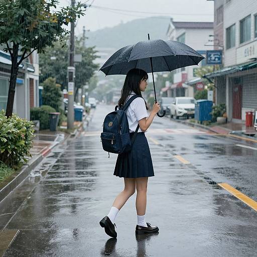 Photograph of an Asian schoolgirl with black umbrella, white shirt, black skirt, and white socks, walking on a rainy urban street.
