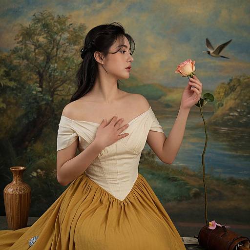 Photograph of an Asian woman in a white off-shoulder top and golden skirt, holding a pink rose, with a bird flying by a painted