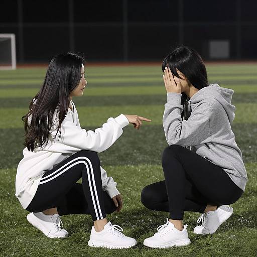 Two Young Women Squatting on Night Field