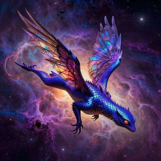 Digital artwork of a vivid blue, winged dragon with glowing orange eyes soaring through a colorful, cosmic nebula background.