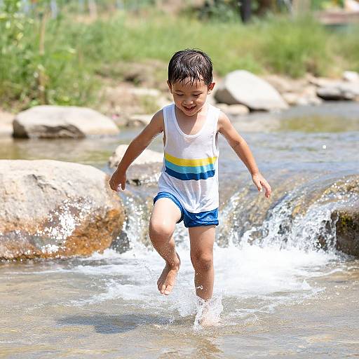 Young boy with short black hair, wearing a white tank top and blue shorts, joyfully splashes through a shallow, rocky stream. Bright sunlight highlights