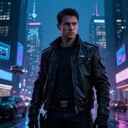 Photorealistic digital art of a serious, wet, dark-haired man in a black leather jacket standing in a neon-lit, rainy city street at