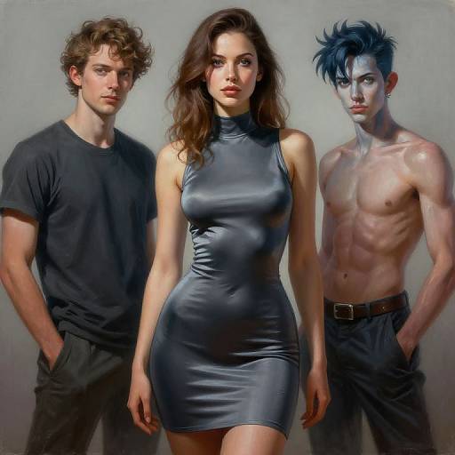Digital artwork of three people: a curly-haired man in a black t-shirt, a brunette woman in a shiny silver dress, and a topless man