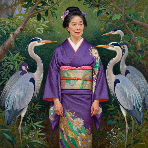 Photograph of an Asian woman in a purple kimono with floral patterns, surrounded by two grey cranes, standing in a lush green garden.