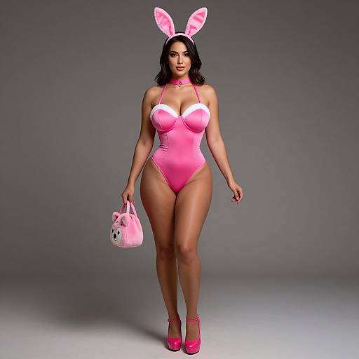 Photograph of a curvy woman with tan skin, wearing a pink bunny costume with white accents, pink heels, and a pink handbag, standing