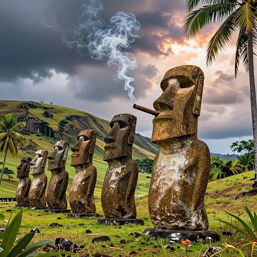 Photograph of five giant Moai statues with smoke rising from one, set on a grassy hill under dramatic cloudy sky, with palm trees in the