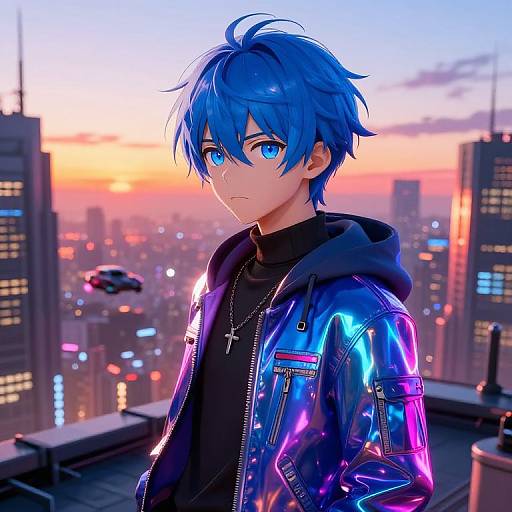 Anime-style digital artwork of a blue-haired, blue-eyed boy in a shiny, neon-colored jacket, standing on a rooftop at sunset, cityscape with