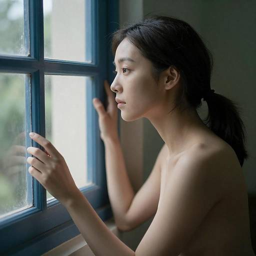 Woman Looking Out Blue Window