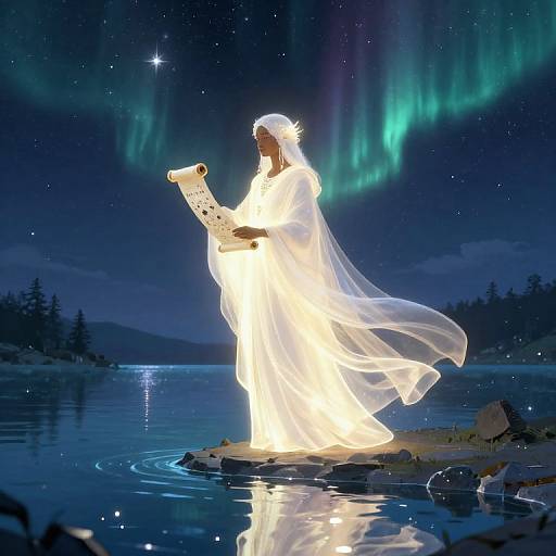 Glowing ethereal figure in white robes, reading a scroll by a moonlit lake, under vibrant northern lights, surrounded by stars. Digital artwork