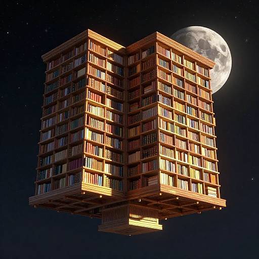 Photorealistic CGI of a floating, multi-story library building with wooden balconies, illuminated by a full moon in a starry night sky.