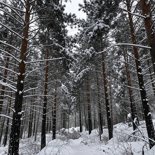Photograph of a snow-covered forest with tall, dark pine trees, white snow on branches, and a dense, snowy forest floor.