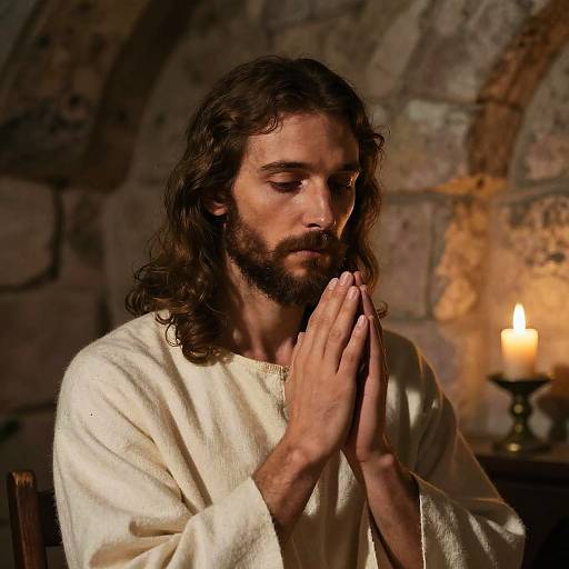Photograph of a bearded, long-haired man with fair skin, wearing a white robe, praying with hands clasped, in a dimly lit