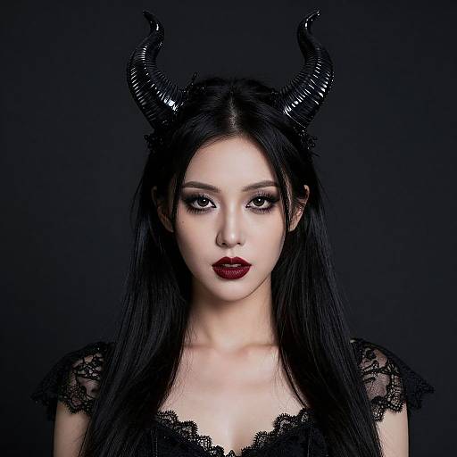 Photograph of an Asian woman with pale skin, black lace dress, and shiny black horns, wearing dark makeup and lipstick, against a black background.