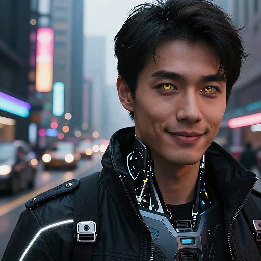 Photograph of an Asian man with short black hair, glowing yellow eyes, and a slight smile, wearing a futuristic black jacket with glowing accents, standing