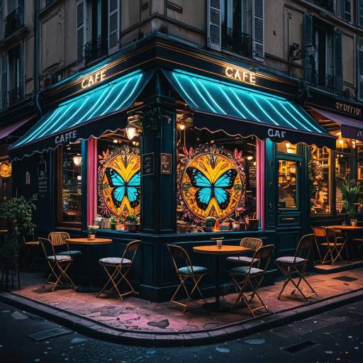 Cozy Parisian Café with Neon Butterfly Medallion