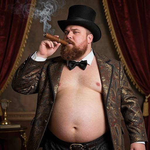 Photograph of a bearded, overweight man in a black top hat, ornate brown jacket, black bow tie, and white shirt, smoking a